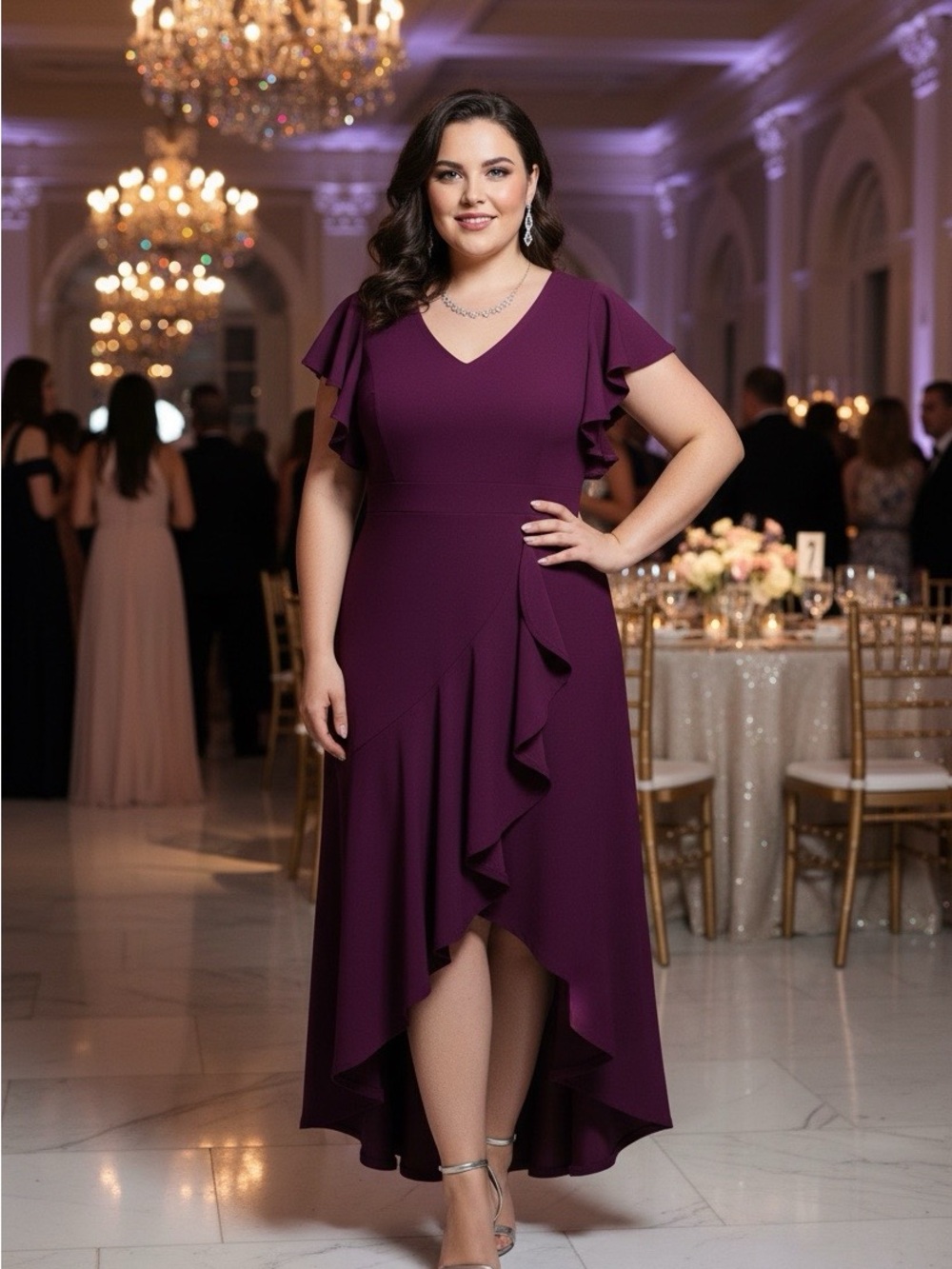 Miusol Burgundy Asymmetrical Ruffle V-Neck Evening Dress